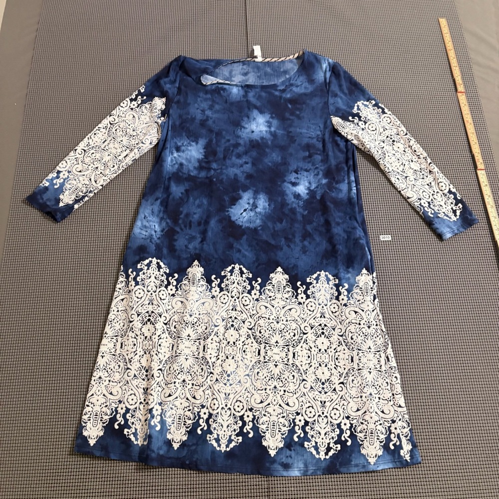 Honeyme Womens Small Blue Tie Dye Damask Print Long Sleeve Dress
